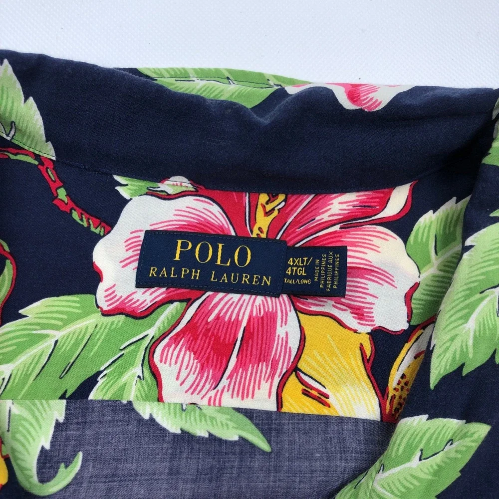 Polo Ralph Lauren Mens 4XLT Navy Blue Hibiscus Floral Viscose Rayon Camp Shirt